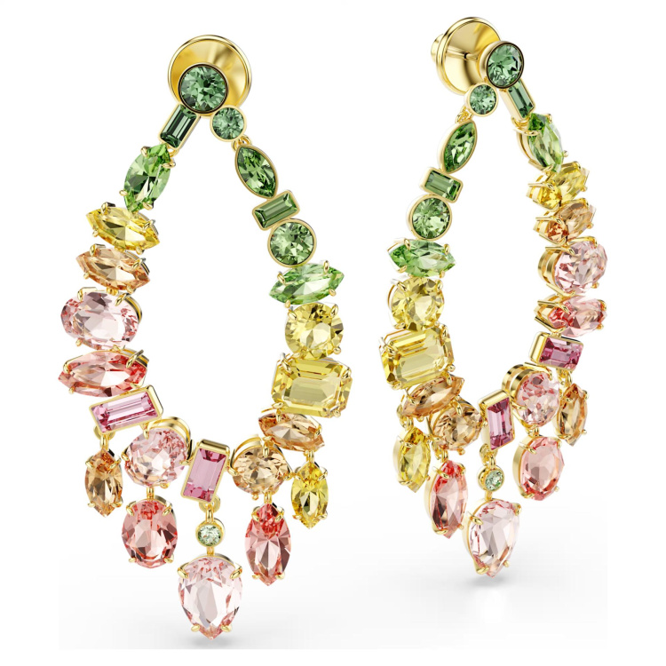 Gema drop earrings Mixed cuts, Chandelier, Multicolored, Gold-tone plated